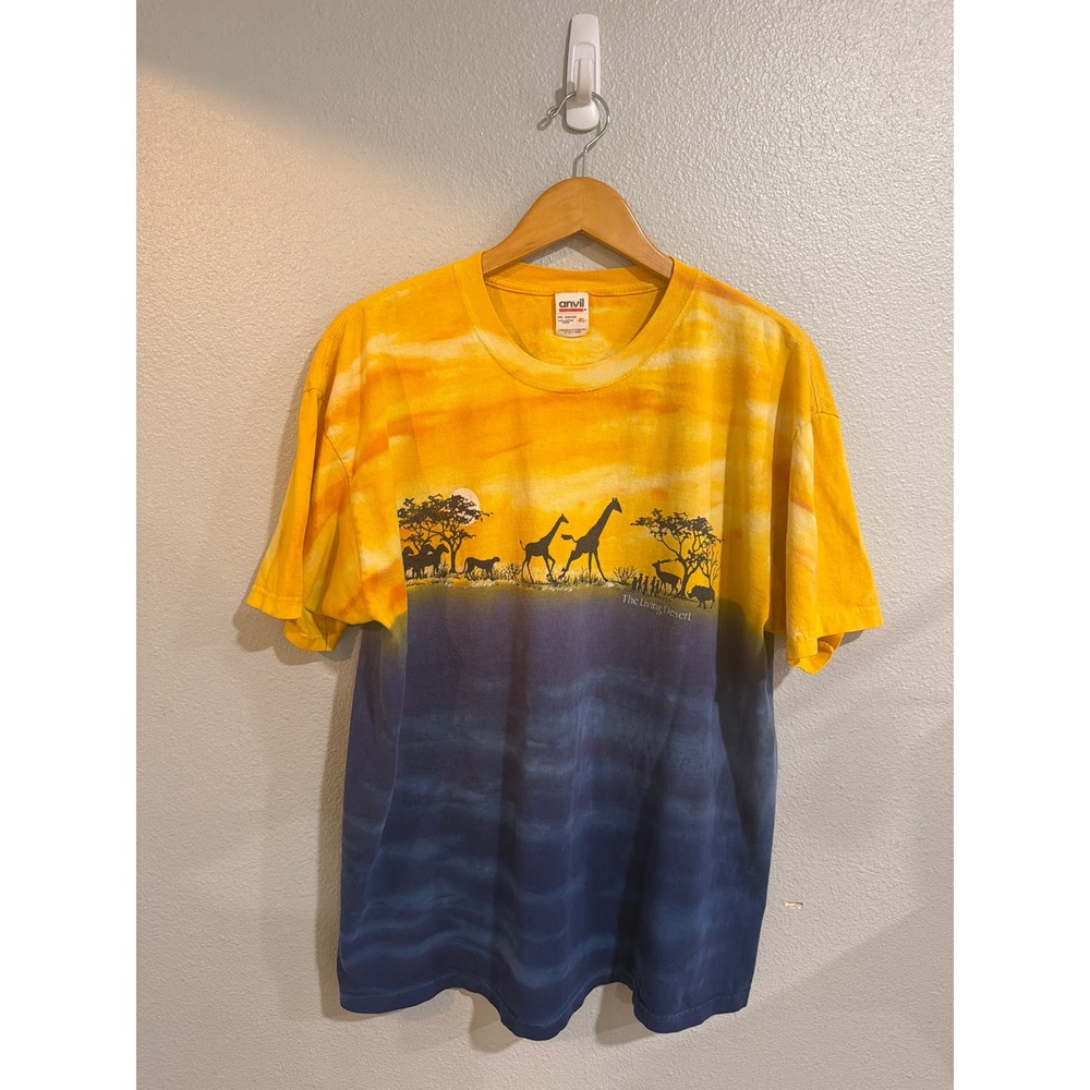 Anvil The Living Desert T-Shirt XL Yellow Blue Tie Dye Safari Graphic Tee Vtg 90